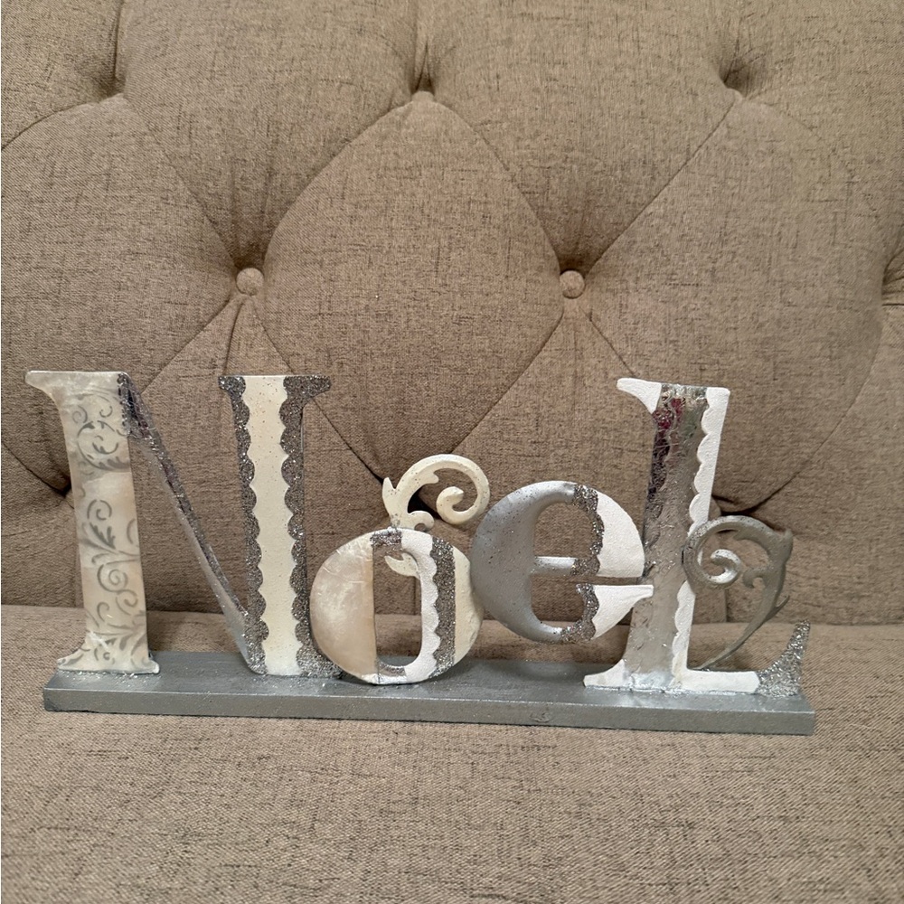 NOEL Tabletop Sign | Silver Glitter Holiday Decor | Christmas Shelf Decor